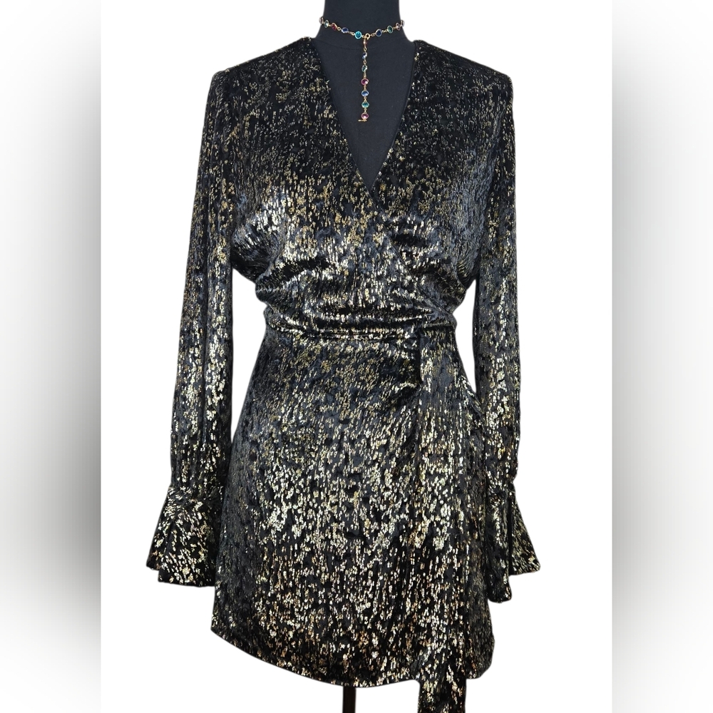 NWT $595 Simkhai Camryn Metallic Faux Wrap Mini Dress Black Gold Sz 10 Party - Picture 8 of 15